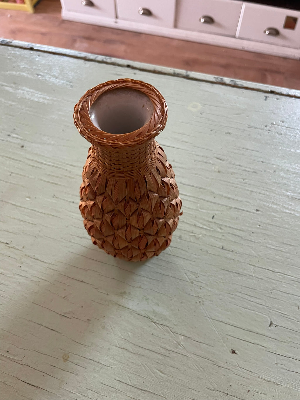 Vintage Wicker Wrapped Milk Glass Vase