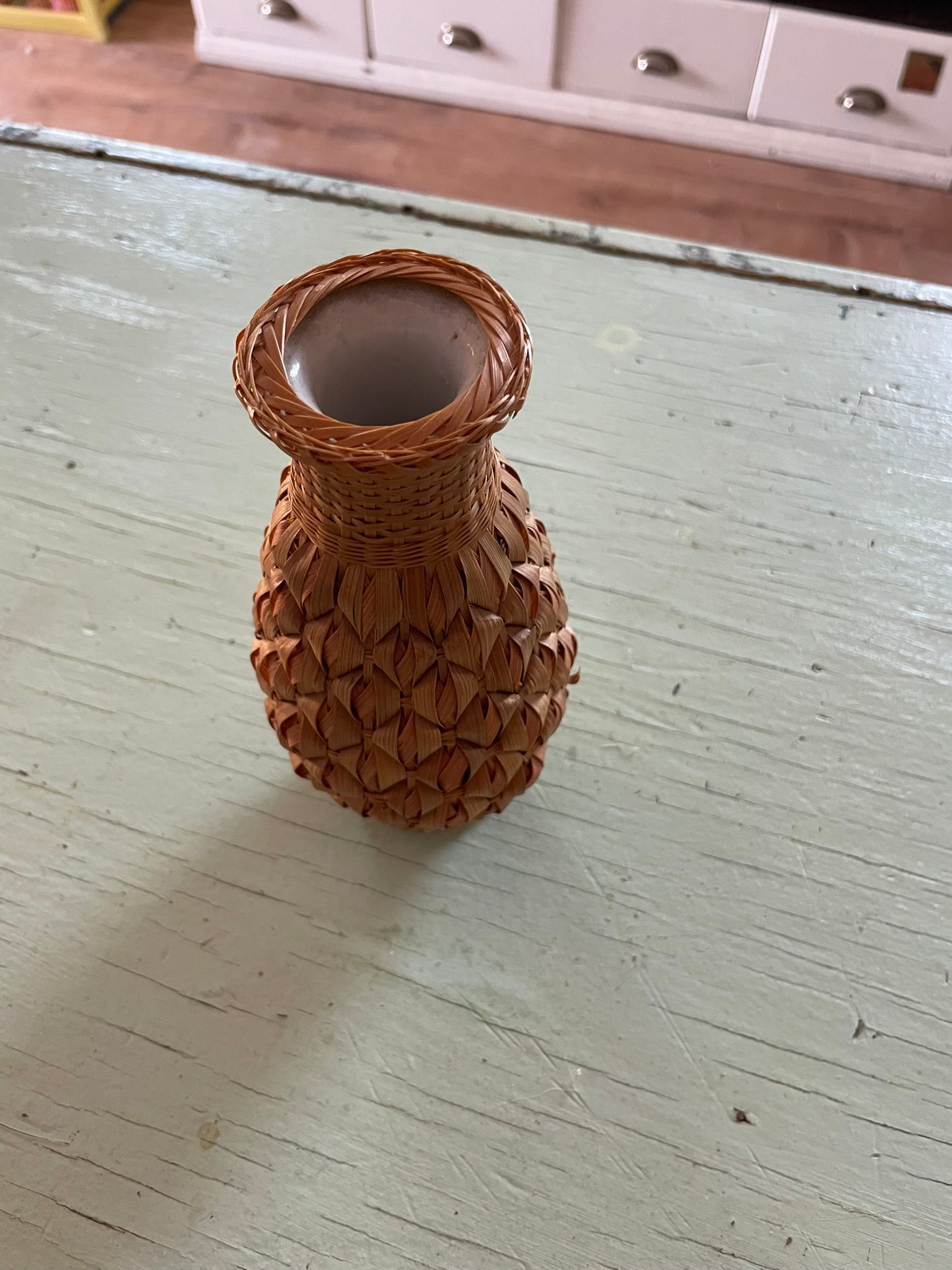 Vintage Wicker Wrapped Milk Glass Vase