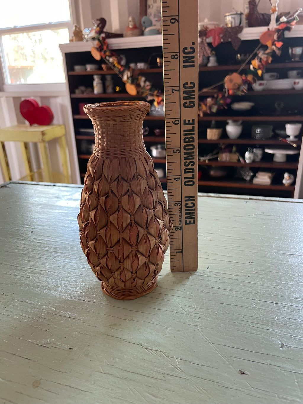 Vintage Wicker Wrapped Milk Glass Vase