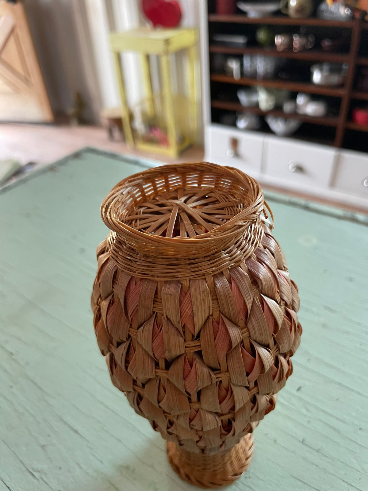 Vintage Wicker Wrapped Milk Glass Vase