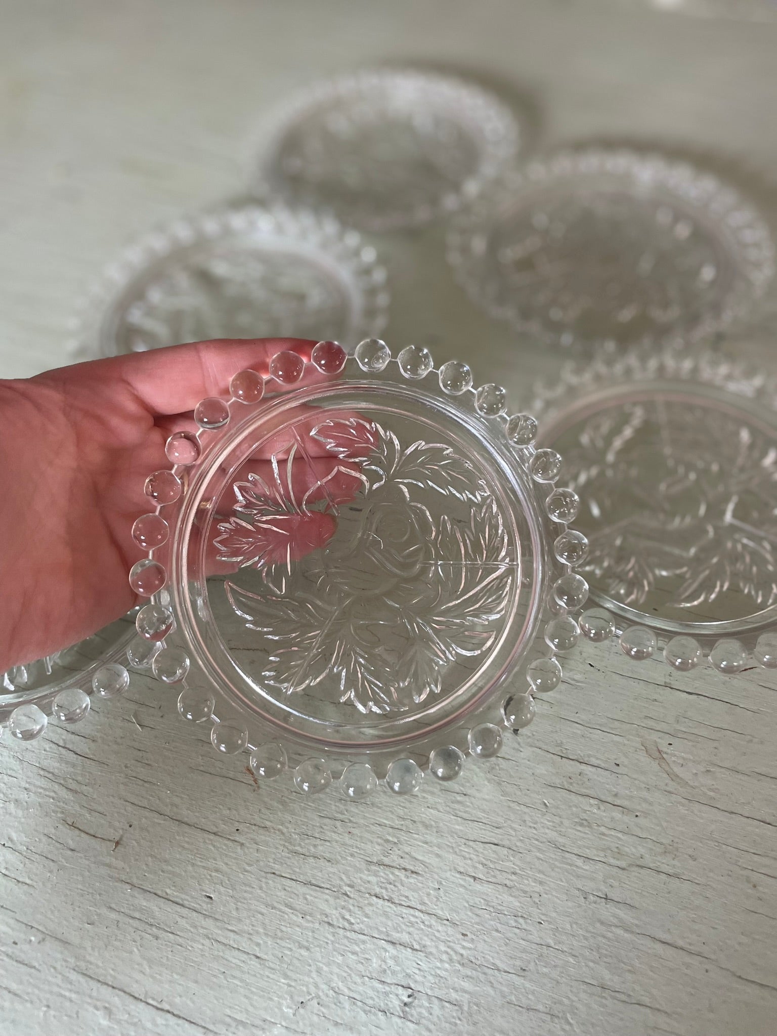 Vintage Embossed Rose Glass Coasters - Set of 5