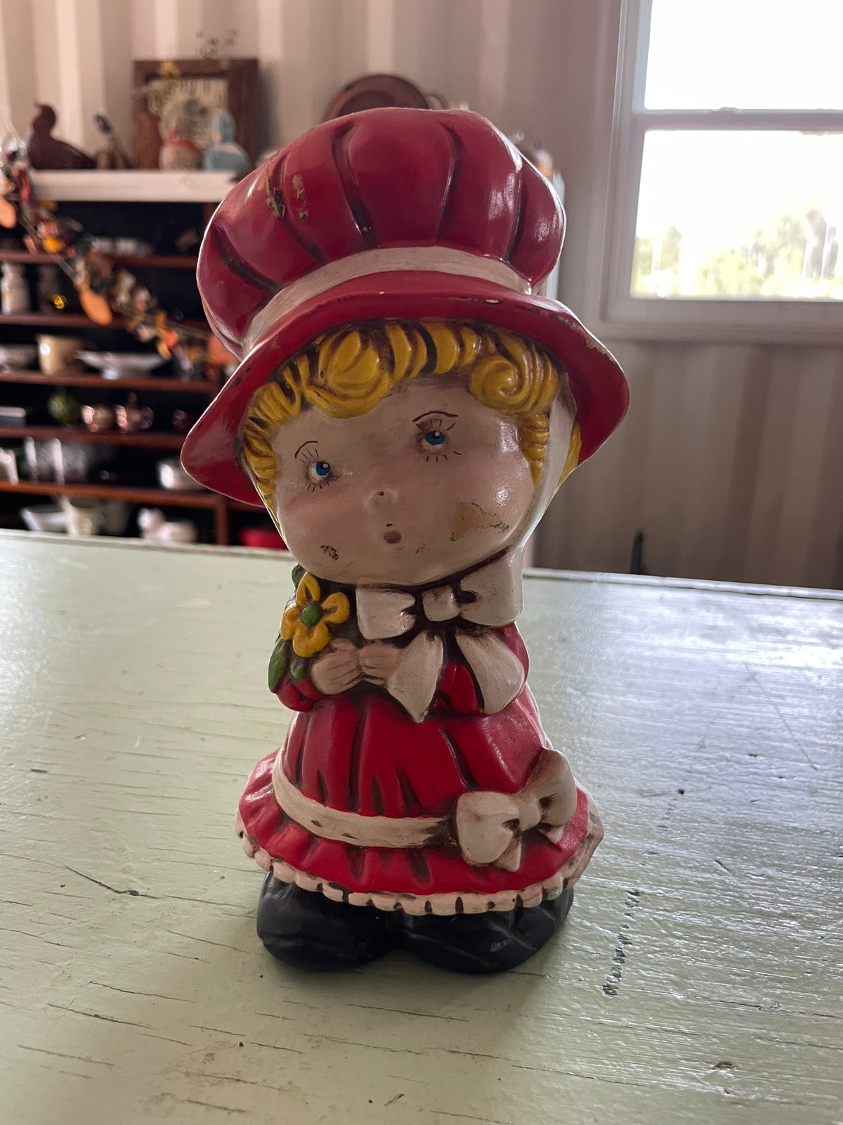 Vintage Little Girl Figurine in Red Bonnet – Farmhouse Decor