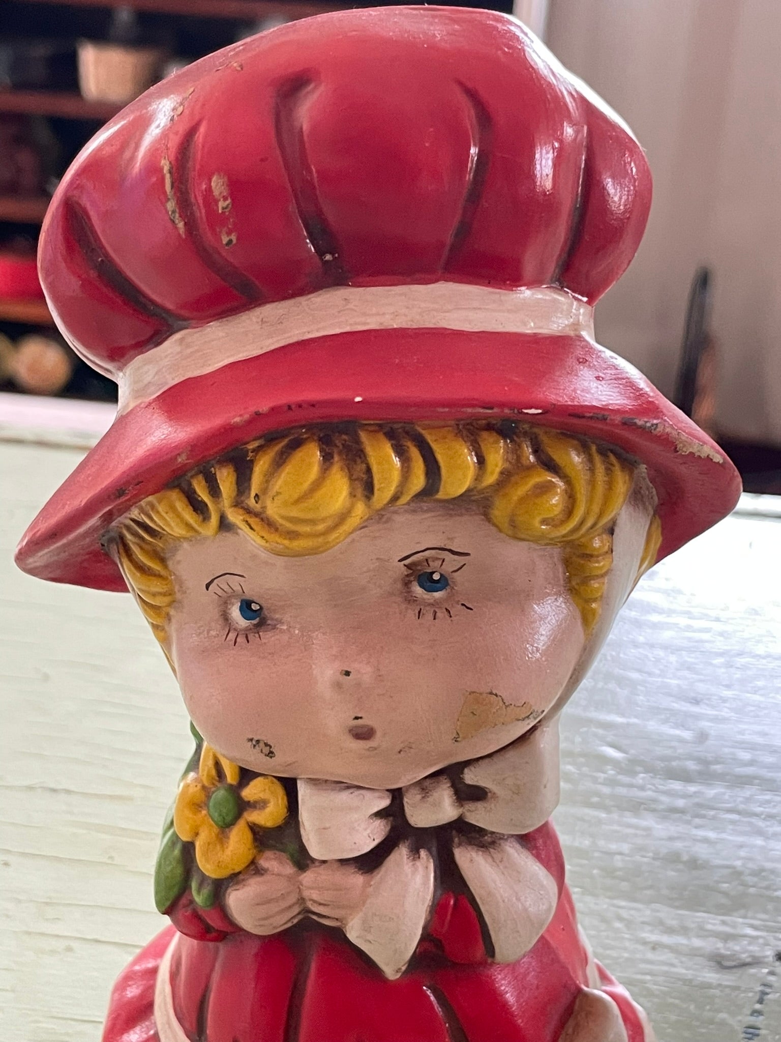 Vintage Little Girl Figurine in Red Bonnet – Farmhouse Decor