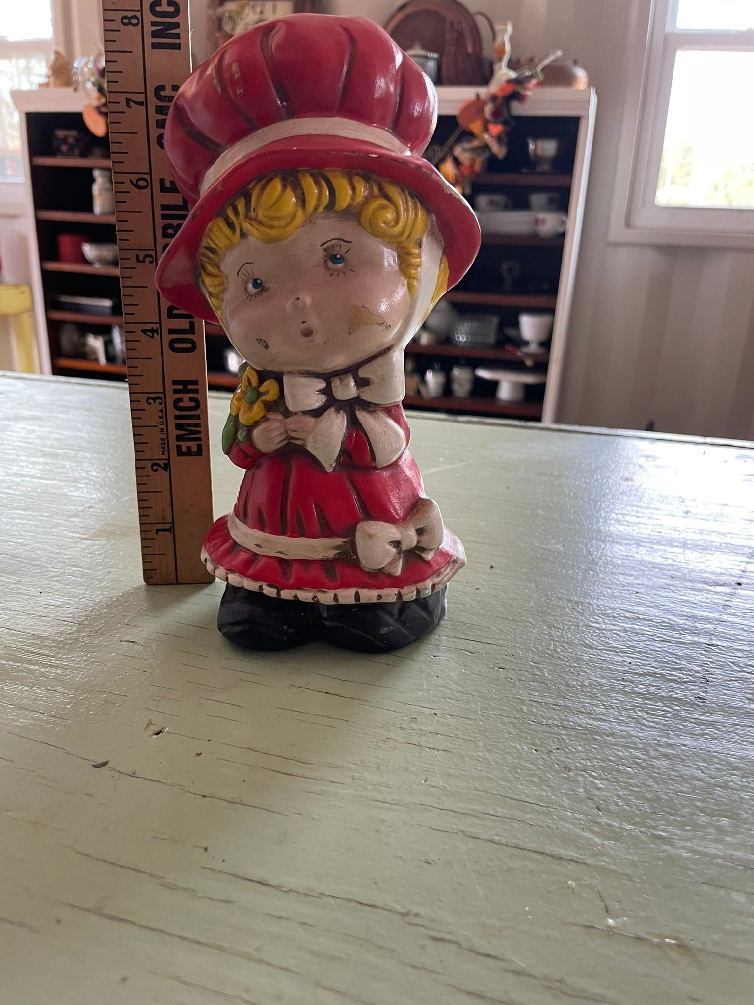 Vintage Little Girl Figurine in Red Bonnet – Farmhouse Decor