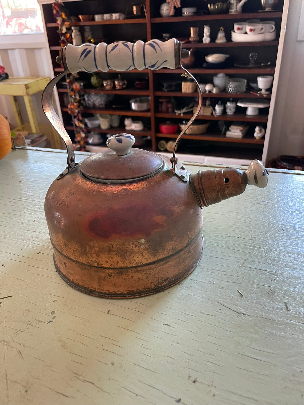 Vintage Copper Teapot with Blue and White Porcelain Accents