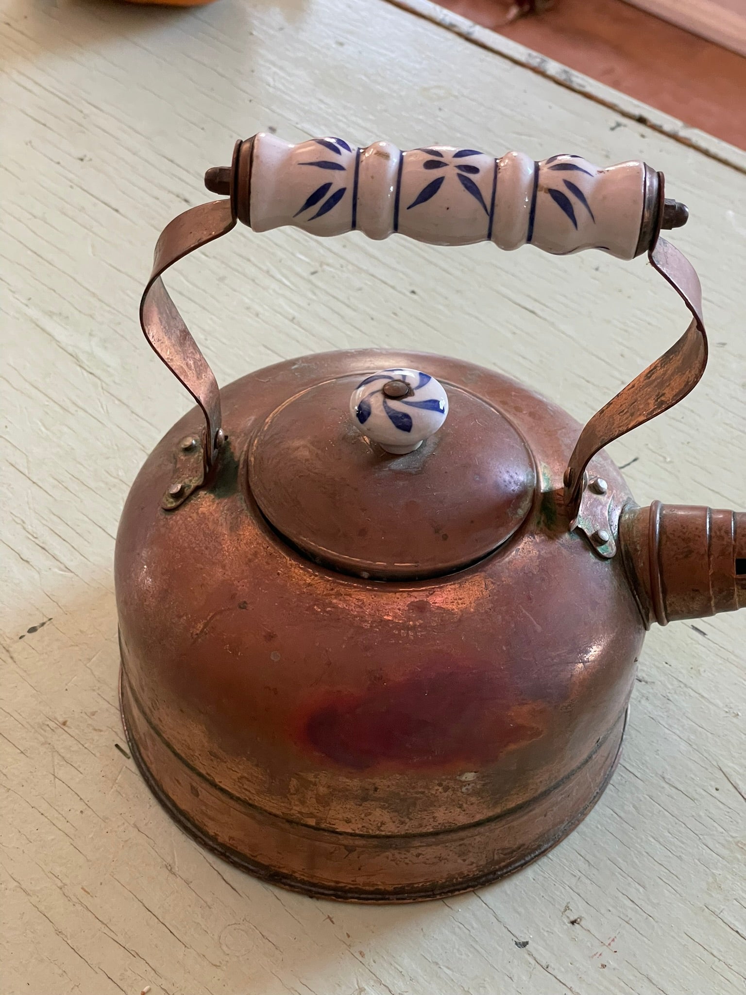 Vintage Copper Teapot with Blue and White Porcelain Accents