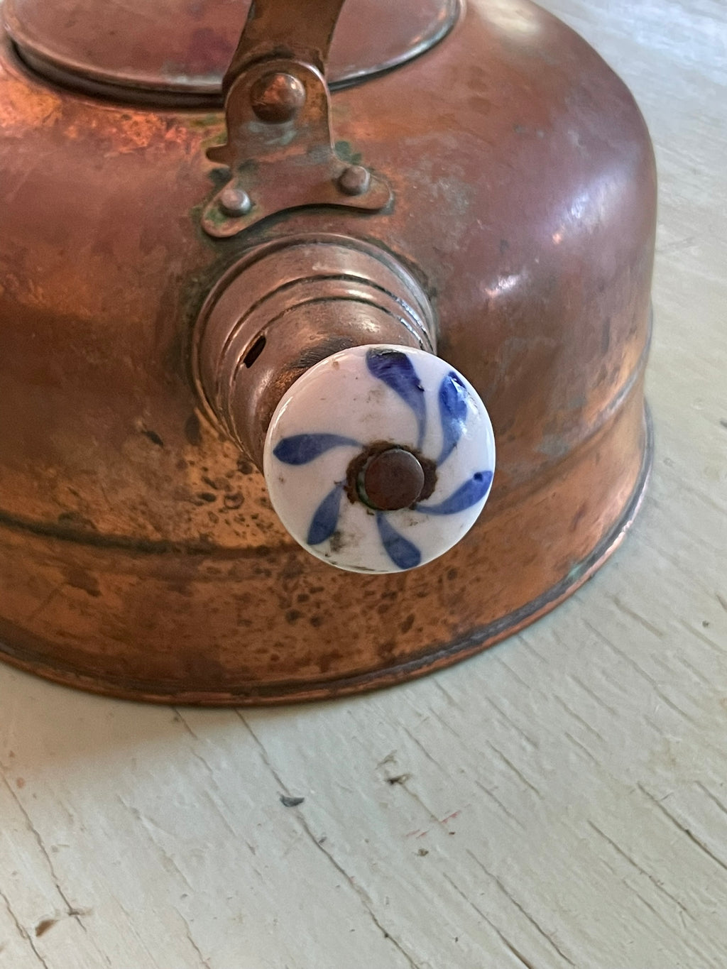 Vintage Copper Teapot with Blue and White Porcelain Accents
