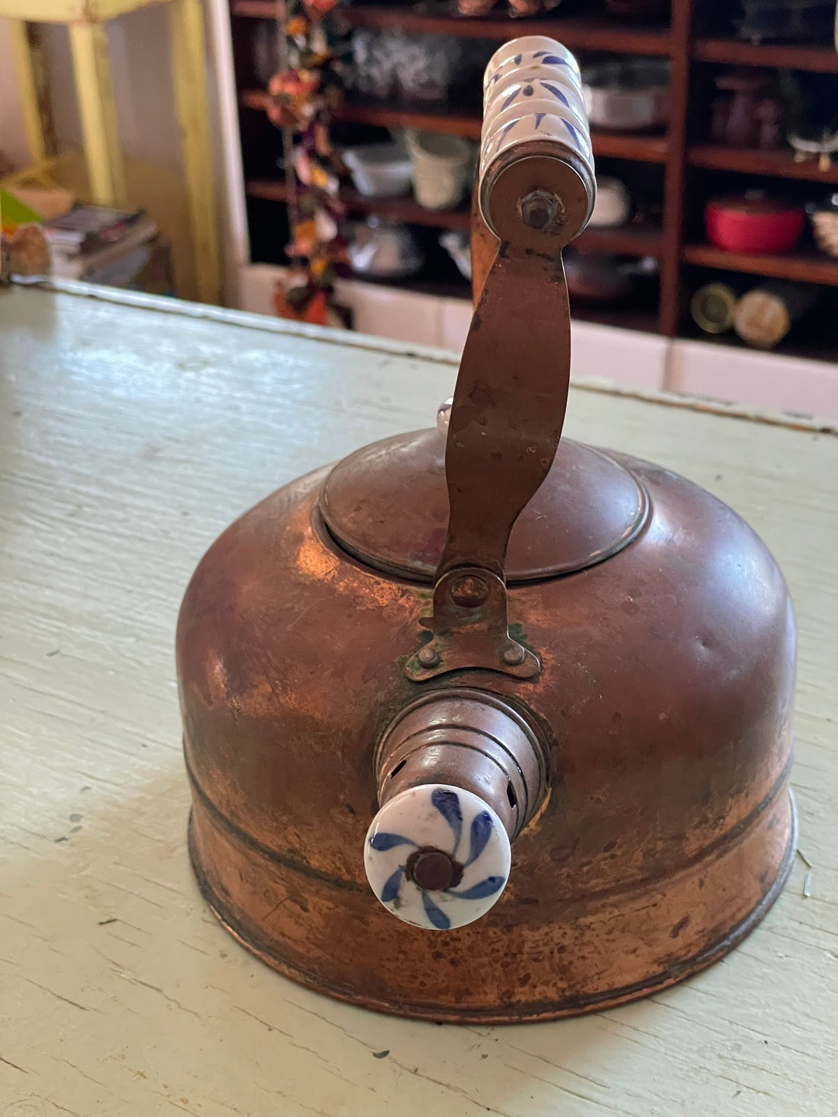 Vintage Copper Teapot with Blue and White Porcelain Accents