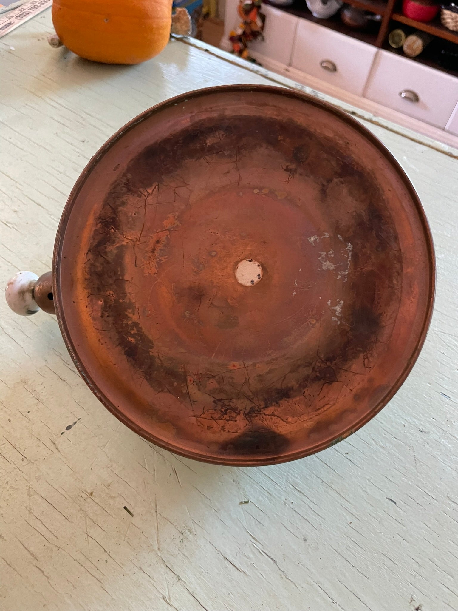 Vintage Copper Teapot with Blue and White Porcelain Accents
