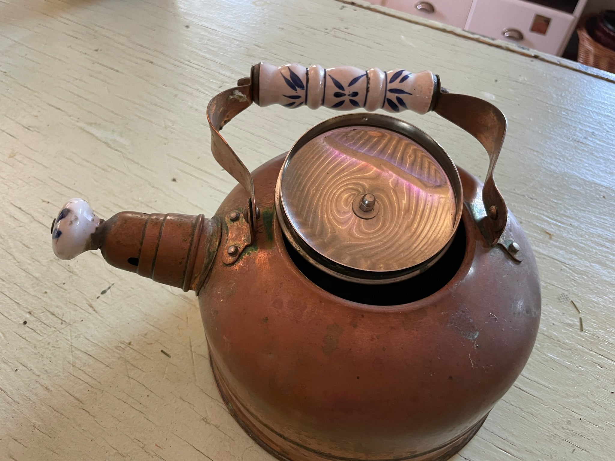 Vintage Copper Teapot with Blue and White Porcelain Accents