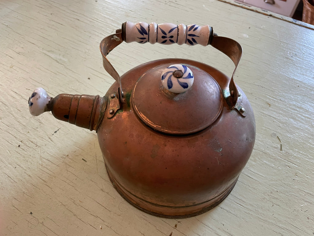 Vintage Copper Teapot with Blue and White Porcelain Accents