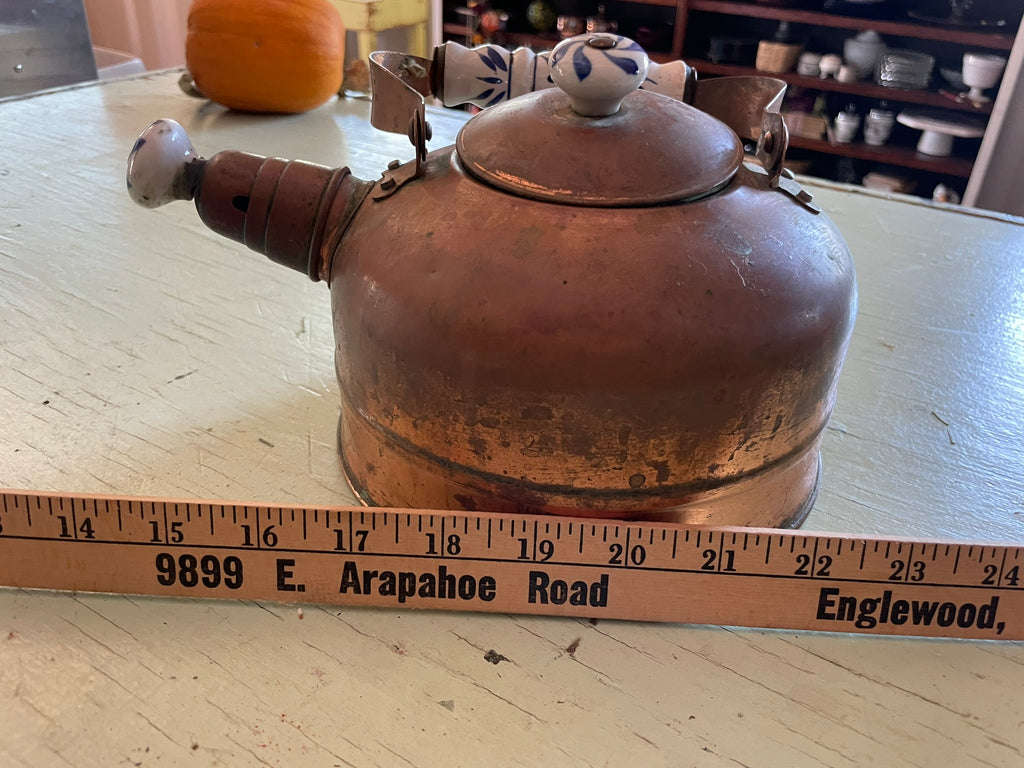 Vintage Copper Teapot with Blue and White Porcelain Accents