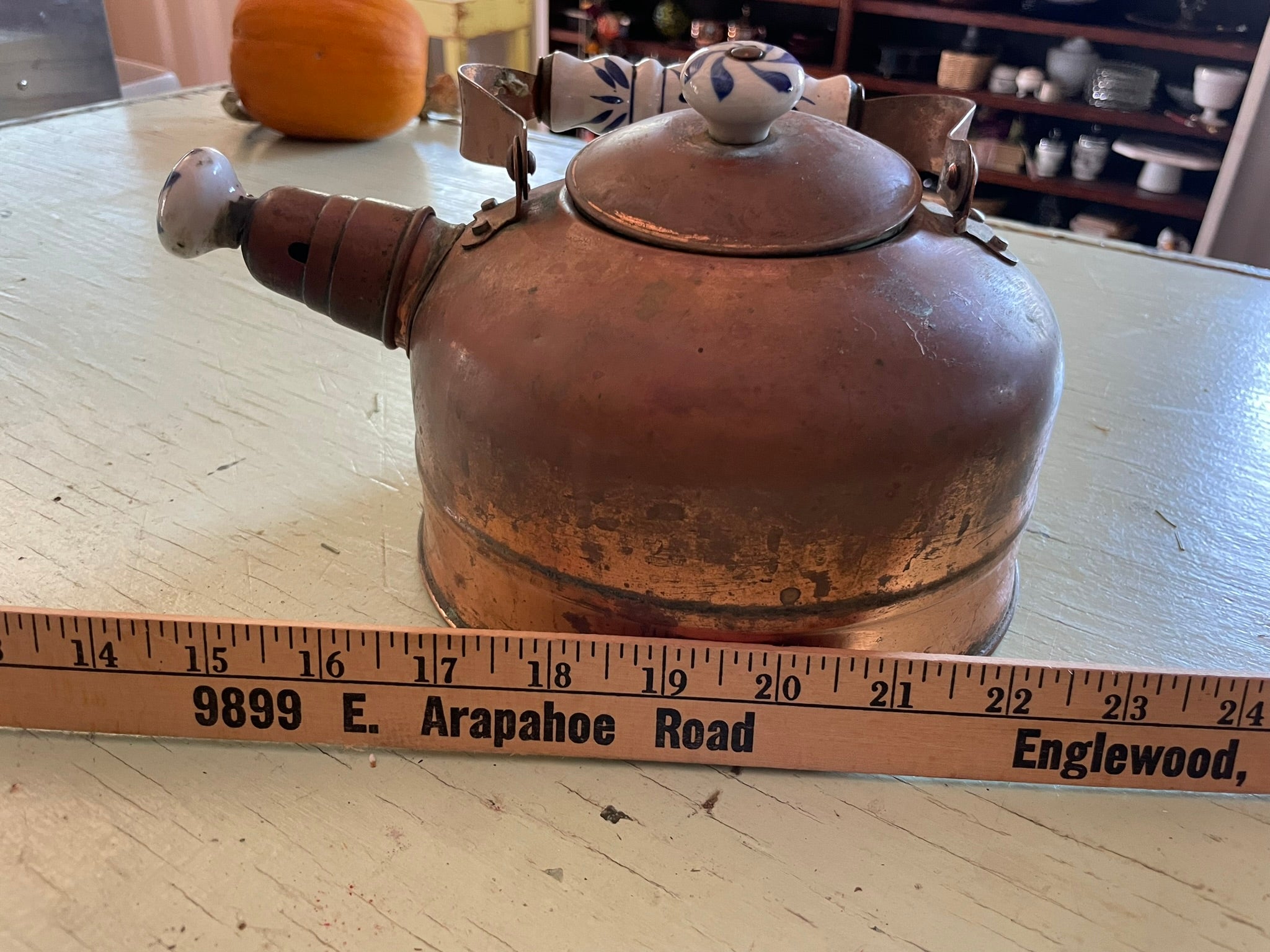 Vintage Copper Teapot with Blue and White Porcelain Accents