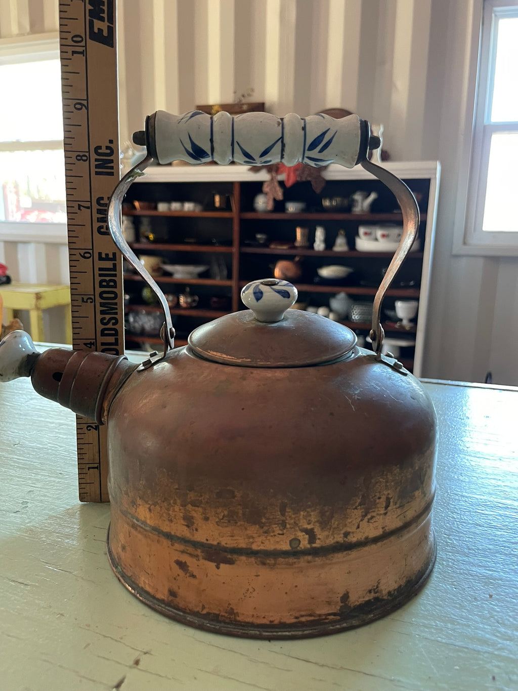 Vintage Copper Teapot with Blue and White Porcelain Accents