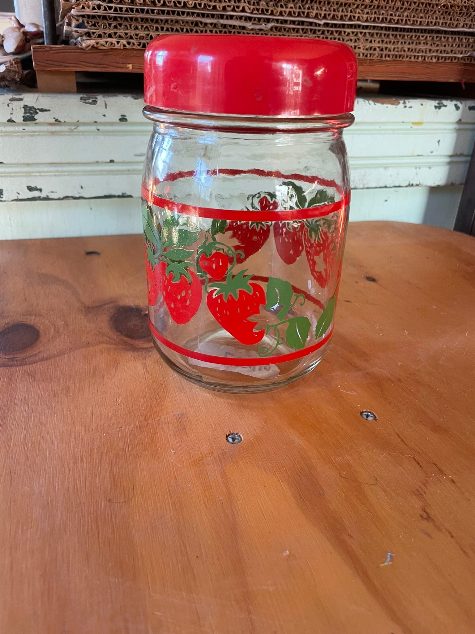 Vintage Strawberry Glass Jar with Red Lid – Retro Kitchen Storage & Decor