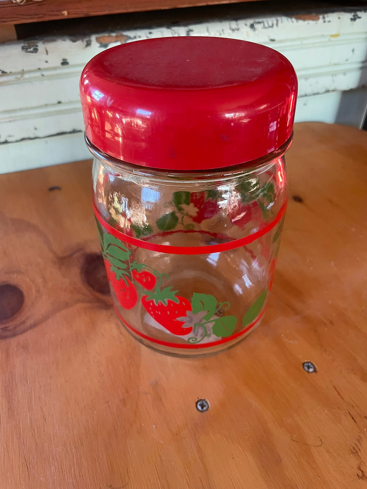 Vintage Strawberry Glass Jar with Red Lid – Retro Kitchen Storage & Decor