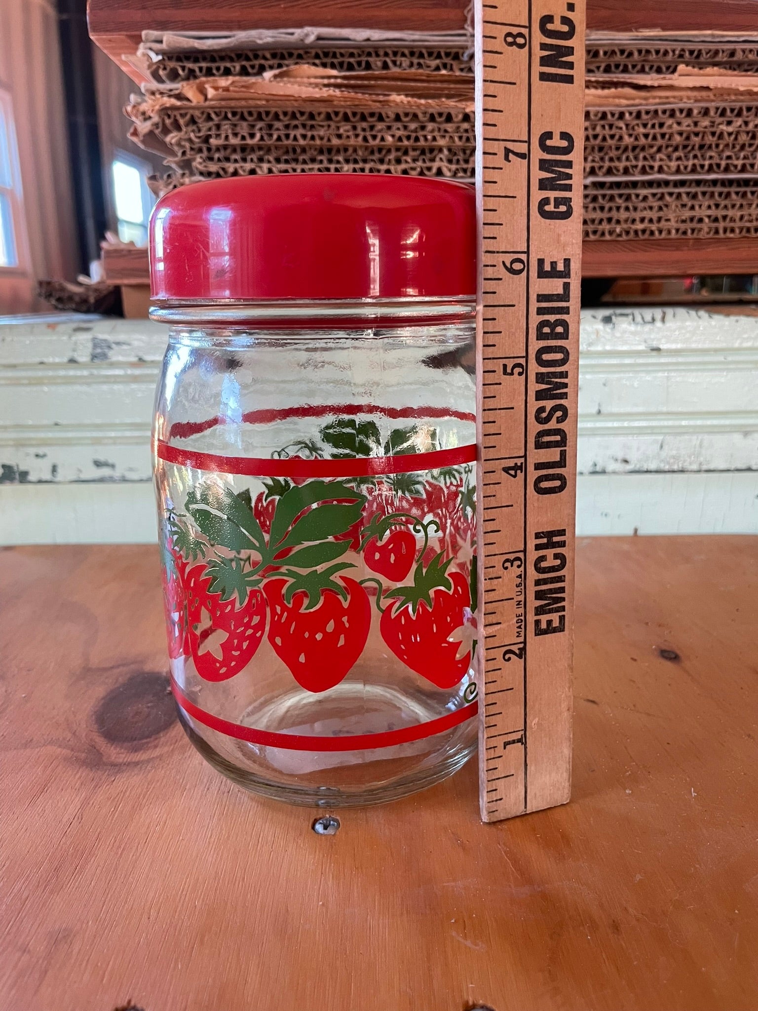 Vintage Strawberry Glass Jar with Red Lid – Retro Kitchen Storage & Decor