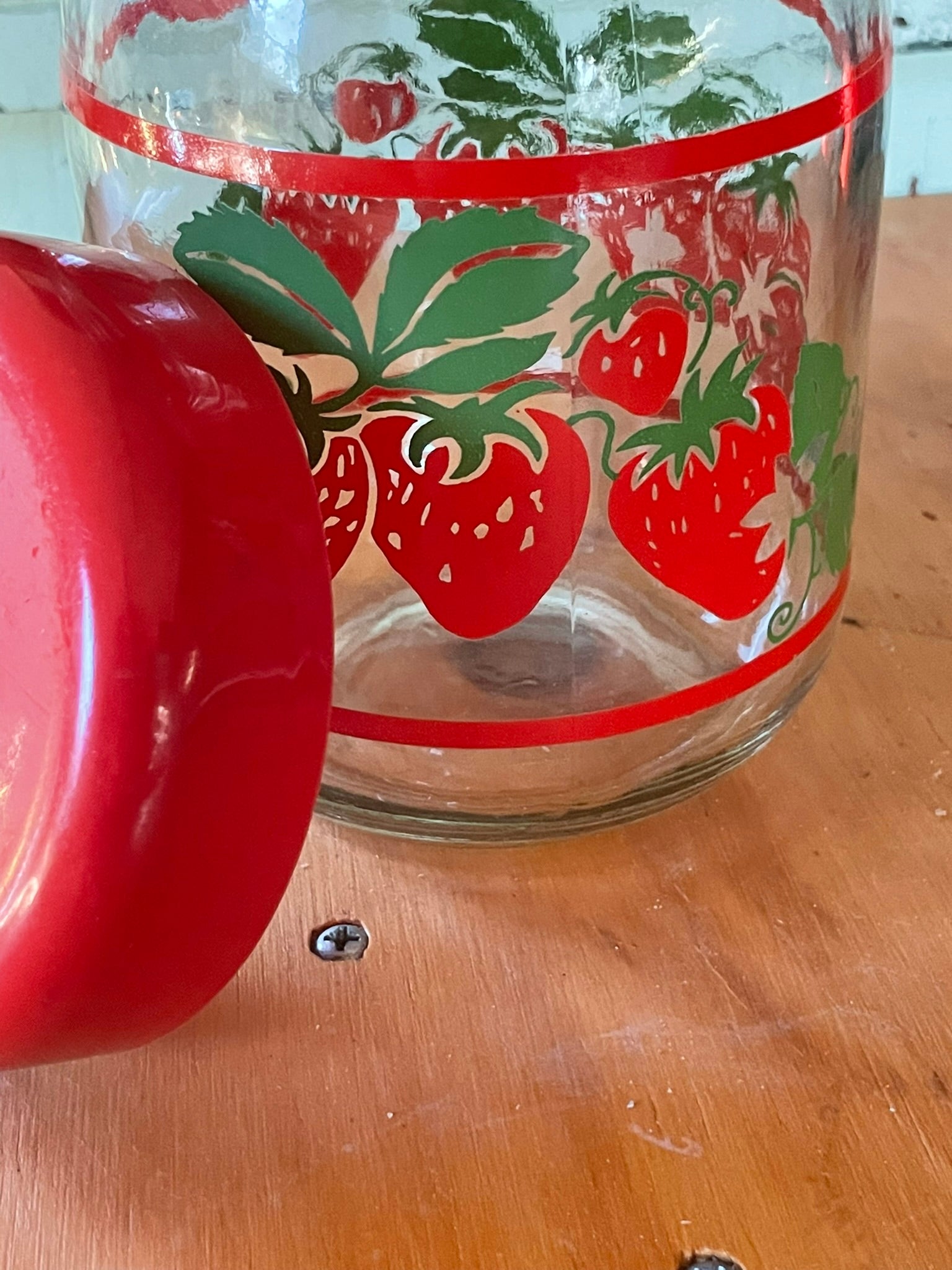 Vintage Strawberry Glass Jar with Red Lid – Retro Kitchen Storage & Decor