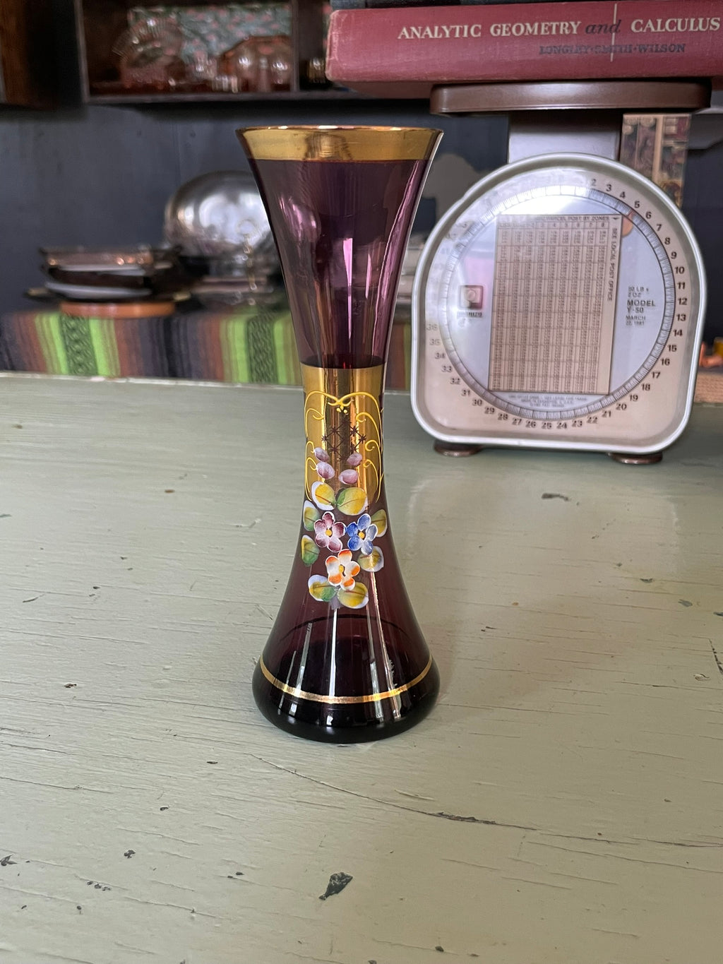 Vintage Amethyst Glass Hand Painted Vase