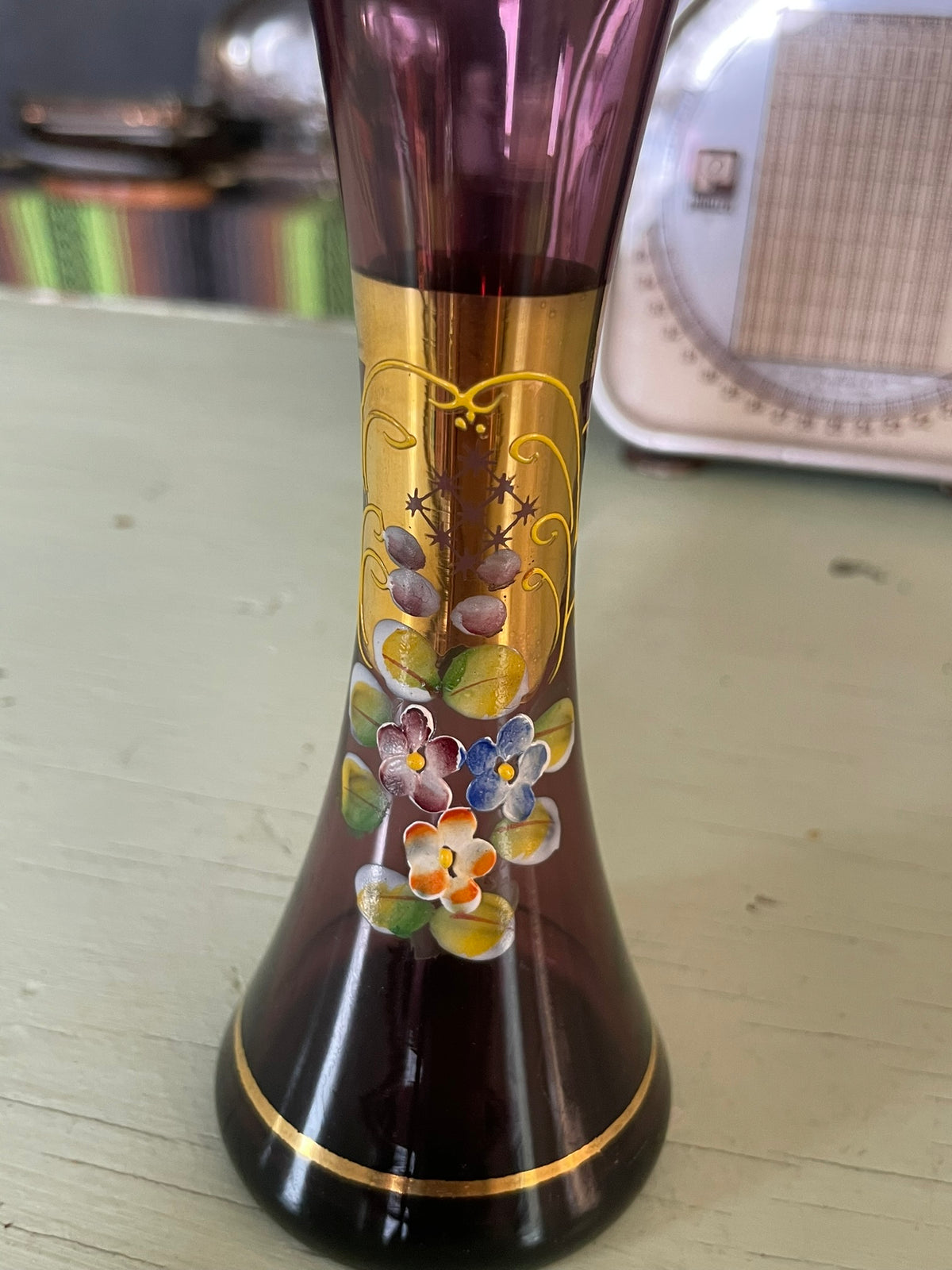 Vintage Amethyst Glass Hand Painted Vase