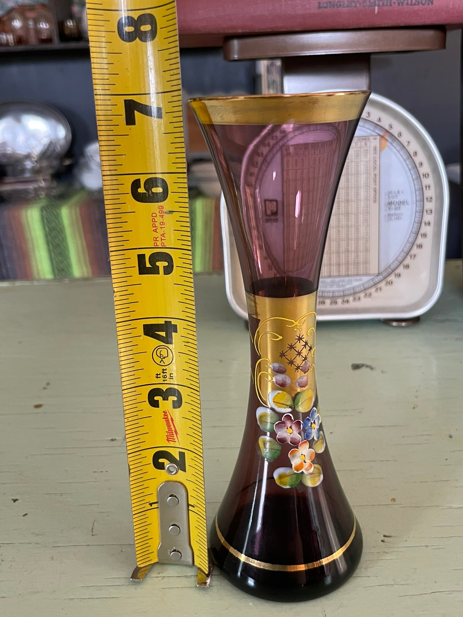 Vintage Amethyst Glass Hand Painted Vase