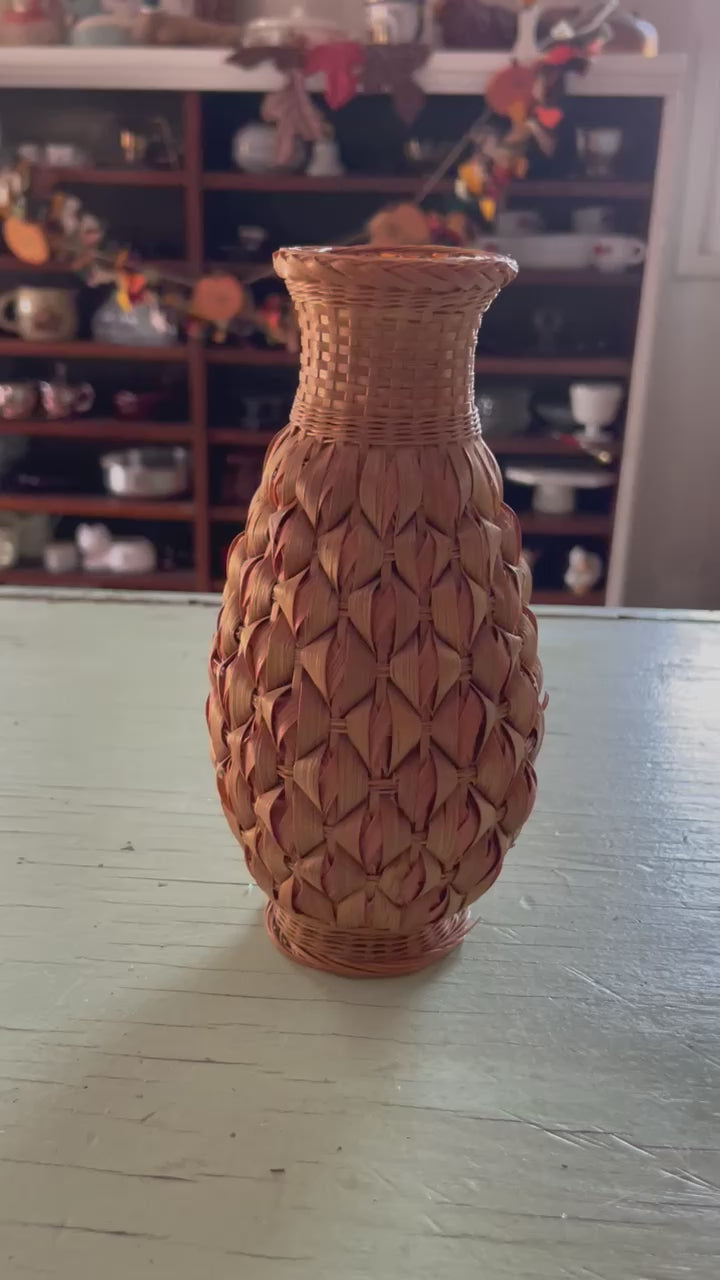 Vintage Wicker Wrapped Milk Glass Vase