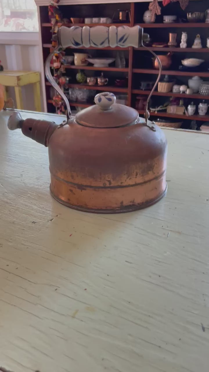 Vintage Copper Teapot with Blue and White Porcelain Accents